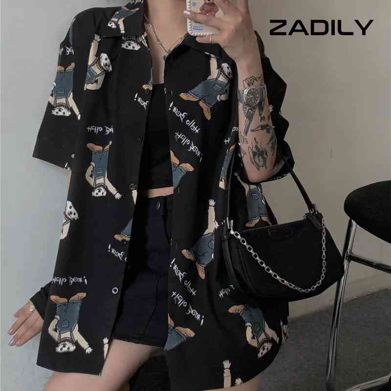 

ZADILY Steet Style Short Sleeve Oversize Women Shirt Blouse Y2K Cartoon bear Print Black Ladies Shirts Button Female Tops 210521, Sku