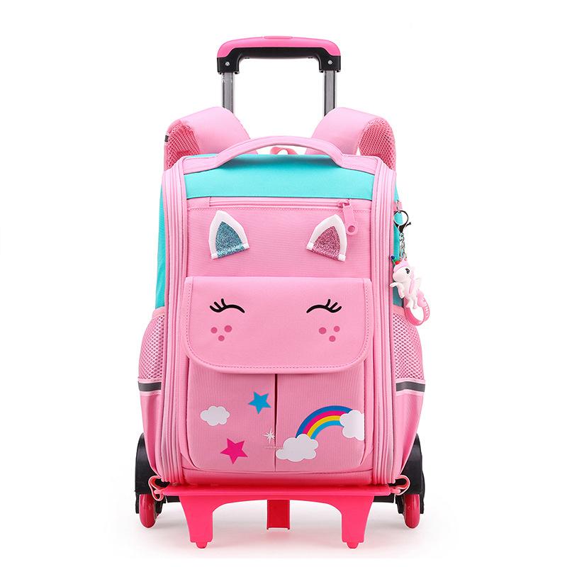 

School Bags KidsCute Cartoon Raibow Trolley Backpack For Girls Primary Students Detachable Children Rolling Pink, 6 wheel purple