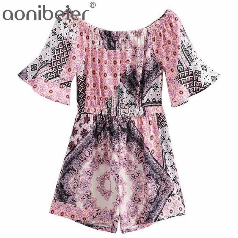 

Printed Summer Women Rompers Short Flare Sleeve Off Shoulder Playsuit Female Causal High Waist Jumpsuits 210604, 01