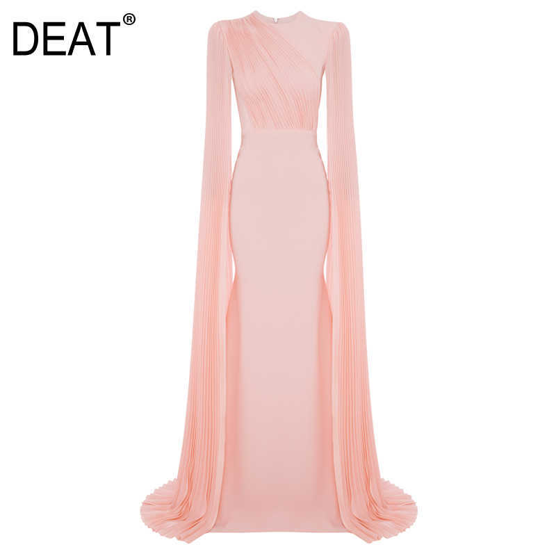 

[DEAT] Women Pleated Long Temperament Dress Round Neck Short Sleeve Loose Fit Fashion Spring Summer 13T952 210527, Black