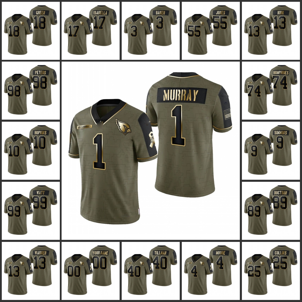 

Arizona''Cardinals''Men #40 Pat Tillman 1 Kyler Murray 99 J.J. Watt 10 DeAndre Hopkins Women Youth Custom Olive Gold Lim, Black;red