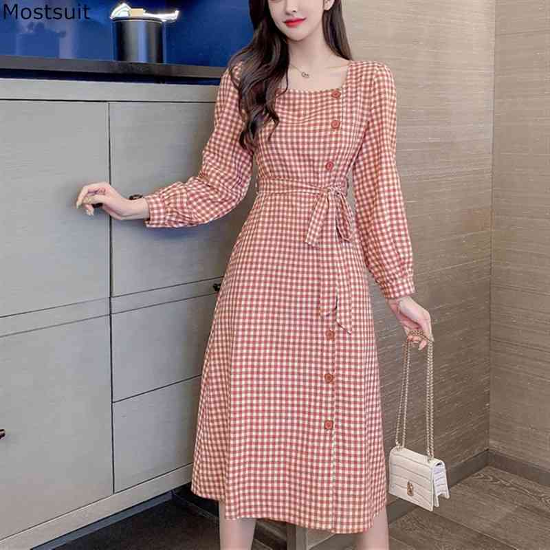 

Spring Autumn Women Vintage Plaid Long Dress Elegant Korean Full Sleeve Buttons Up Sashes Square Collar Tunic Dresses 210518, Red