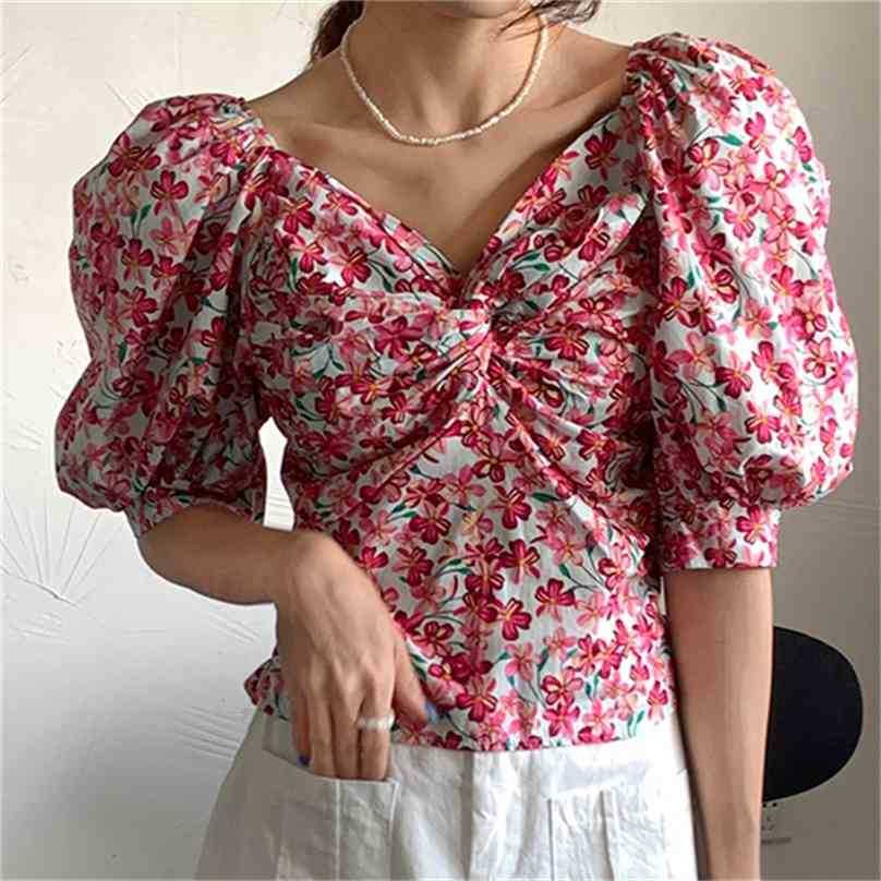 

Summer Girls Slash Neck Florals Sexy Slim Sweet Femme Printing Chic Blouses High Quality Short Shirts 210525, Blue