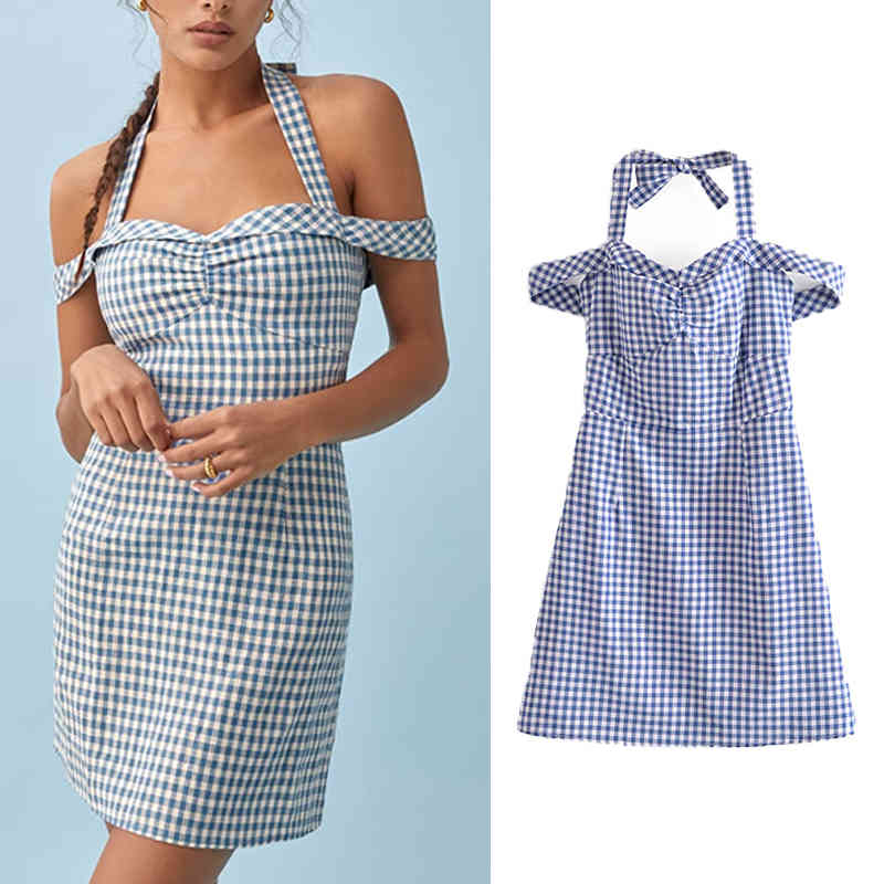 

Casual Dresses 2021 Women summer fashion Plaid print mini dresses Bow decoration Camisole slim Receive waist Backless B20U, Blue