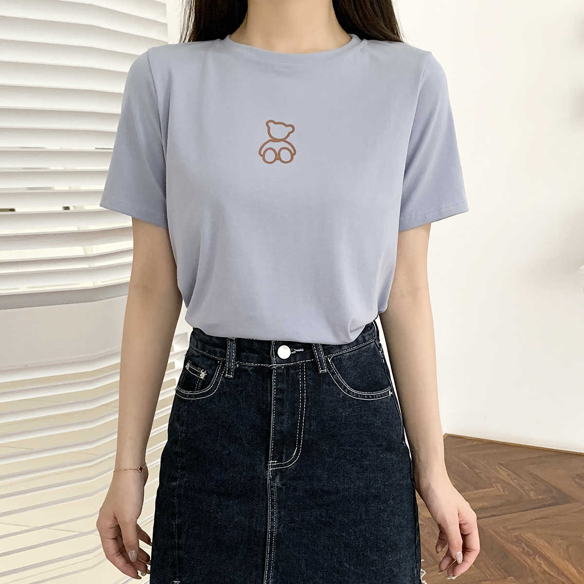 

Printed Short-sleeved T-shirt Women's Spring/summer Korean Fashion O-Neck Top Bottom Tee Shirt 210607, Blue