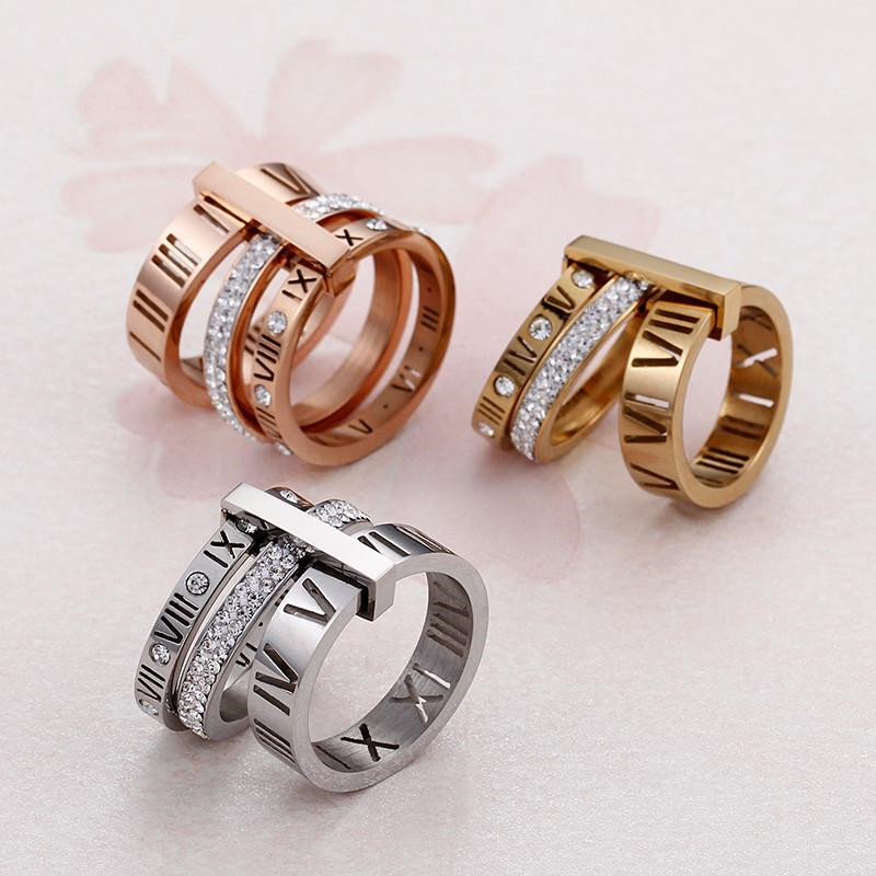 

Rhinestone ring For Women Stainless Steel Rose Gold Roman Numerals Finger Love Rings Femme Wedding Engagement letter Jewelry