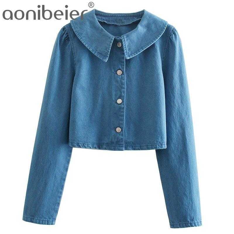 

Cropped Jackets Spring Summer Puff Sleeve Button Denim Jacket Peter Pan Collar Female Short Coats Outerwear 210604, Skirts