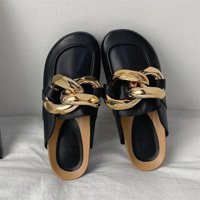 

Slippers Design Gold Chain Women Slipper Fashion Closed Toe Slip On Mules Shoes Round Low Heels Casual Platform Slides Flip Flop, Black