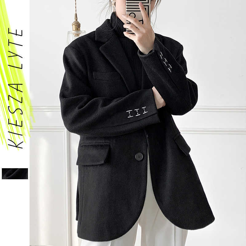

Black Woolen Suit Jacket for Women Winter Spring Thickened Loose Stitching Casual Suits Blazer Coat Female Outwear 210608