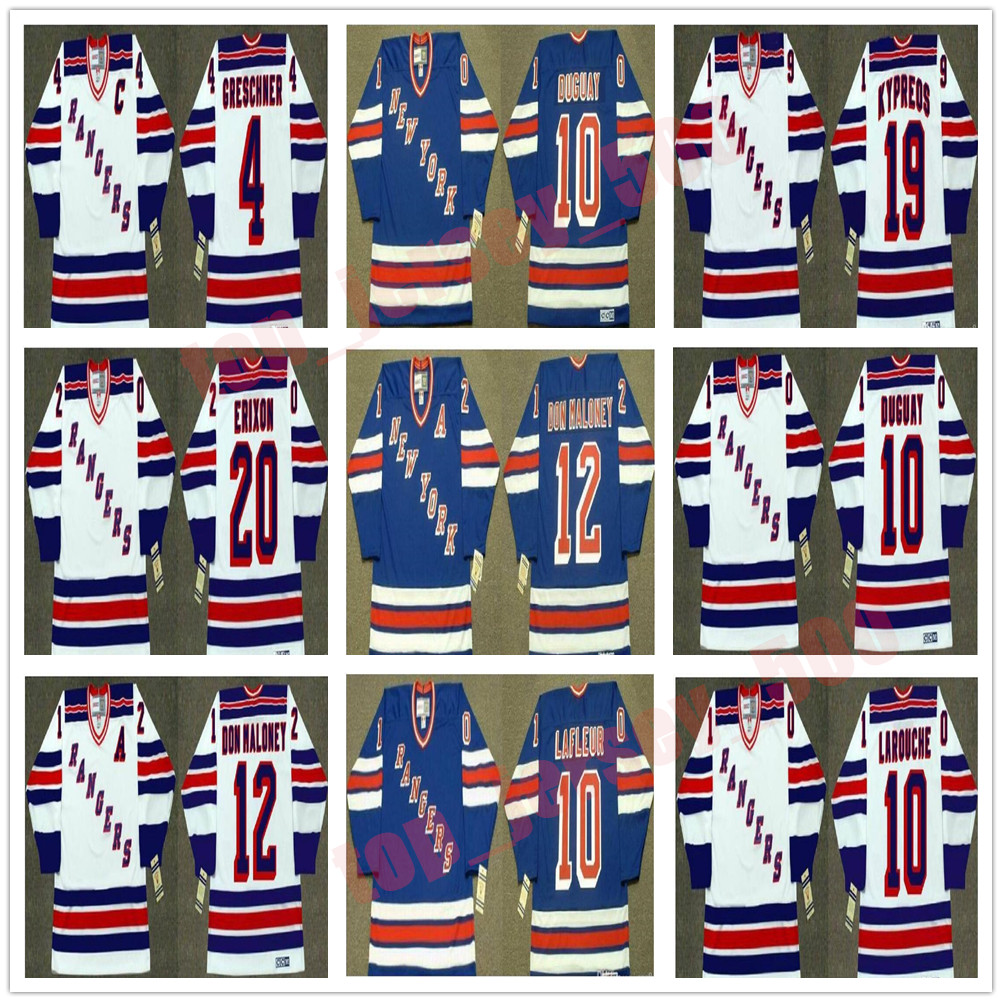 

Vintage New York Rangers Jersey 10 Guy Lafleur 10 Pierre Larouche 19 Nick Kypreos 4 Ron Greschner 20 Jan Erixon 10 Ron Duguay CCM Hockey, As shown in illustration