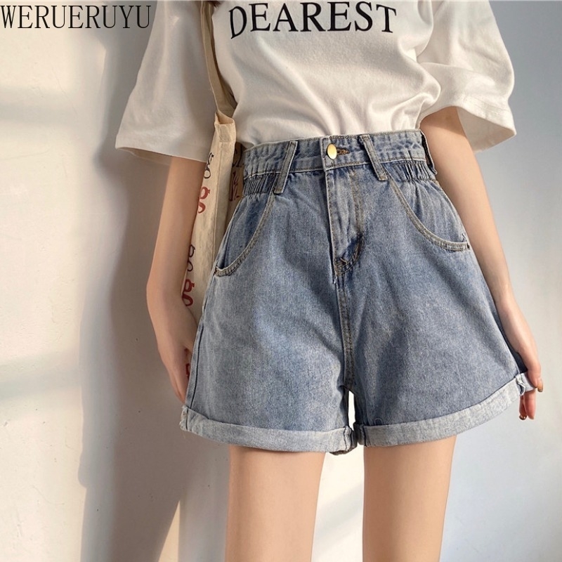 

WERUERUYU Loose Slim Denim Shorts Women' Summer High Waist Wide Leg Outer Wear A-line Teenagers Girls Short Pants 210608, Photo color