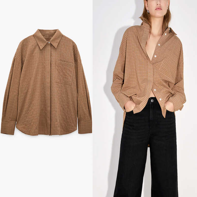 

Za Long Plaid Shirt Women Long Sleeve Irregular Large Size Shirts Woman Fashion Lapel Collar Front Flap Pocket Loose Tops 210602, As picture