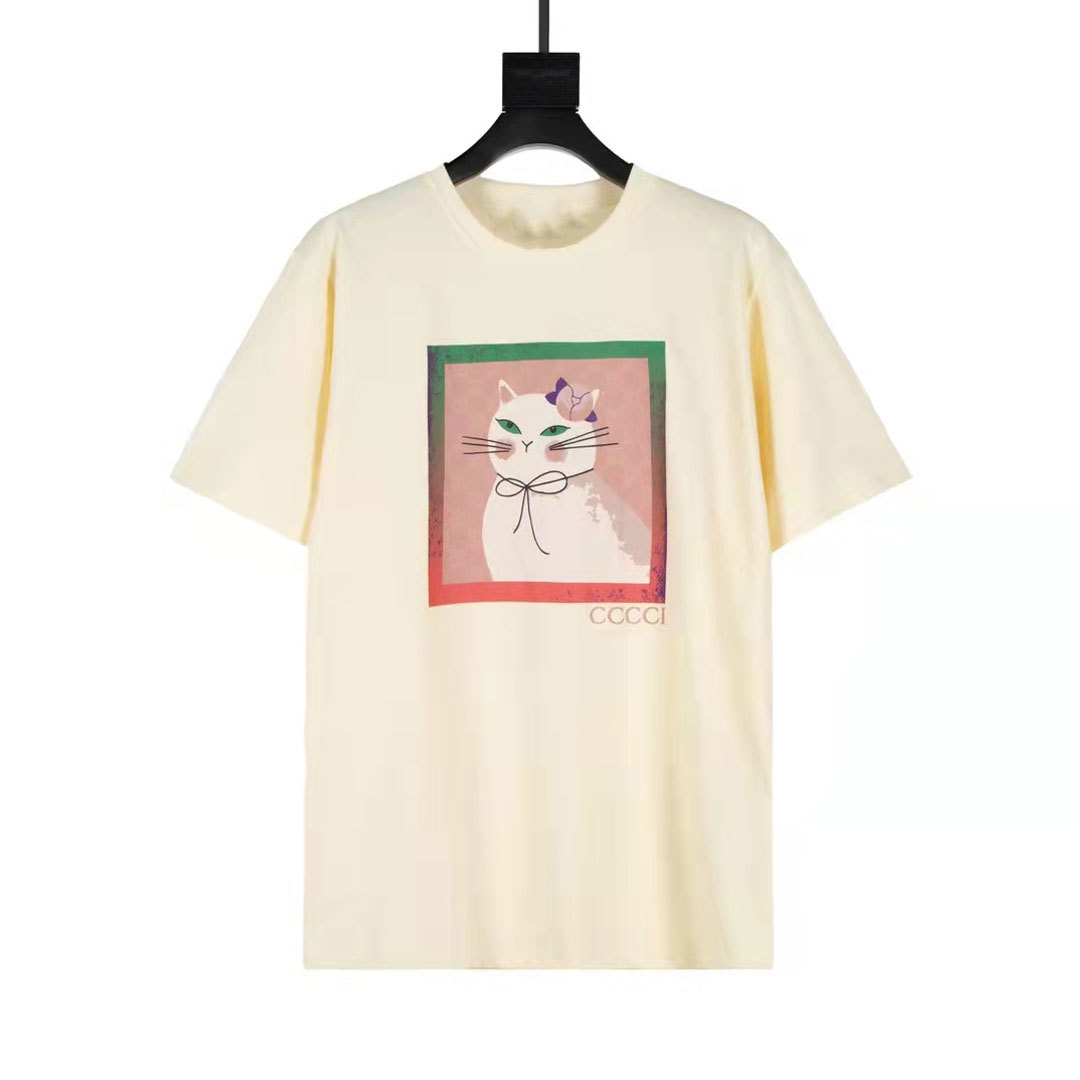 

2021 spring and summer new box kitten animal letter printing lovers' loose short sleeve T-shirt for men, White