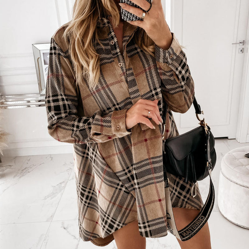 

2021women elegant plaid print buttons irregular party dress office lady turn-down collar shirt dress casual loose mini dress vestido, Black;gray