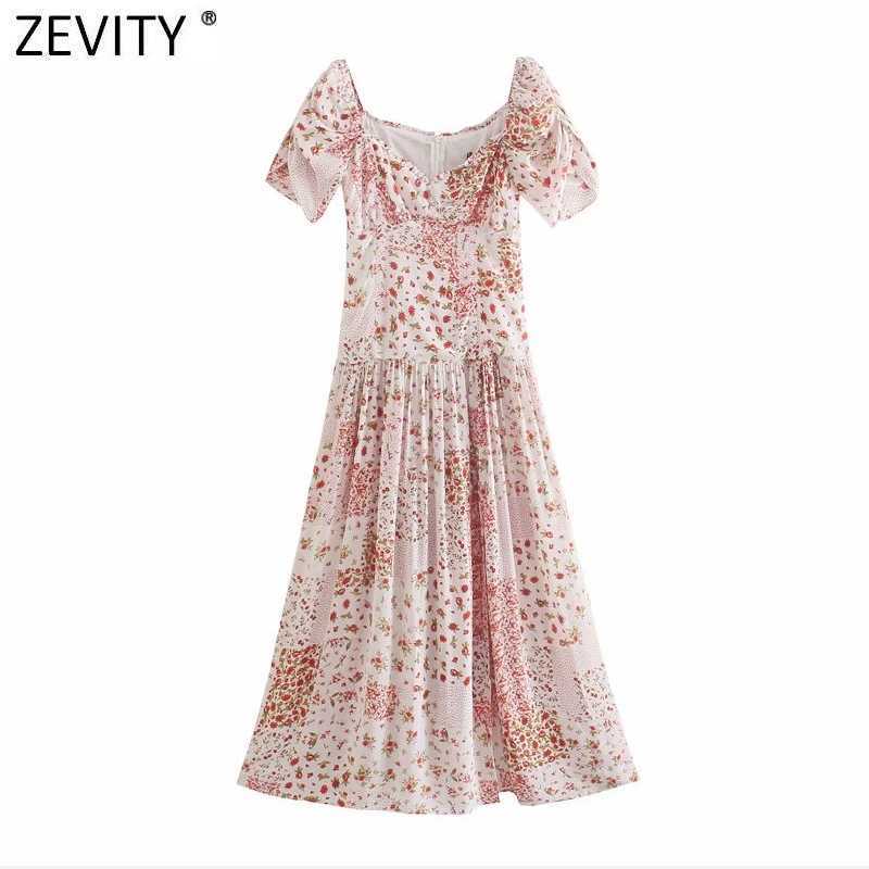 

Zevity Women Elegant V Neck Cloth Patchwork Print Split Dress Female Pleat Puff Sleeve Summer Vestido Chic A Line Dresses DS8331 210603, As pic ds8331ll