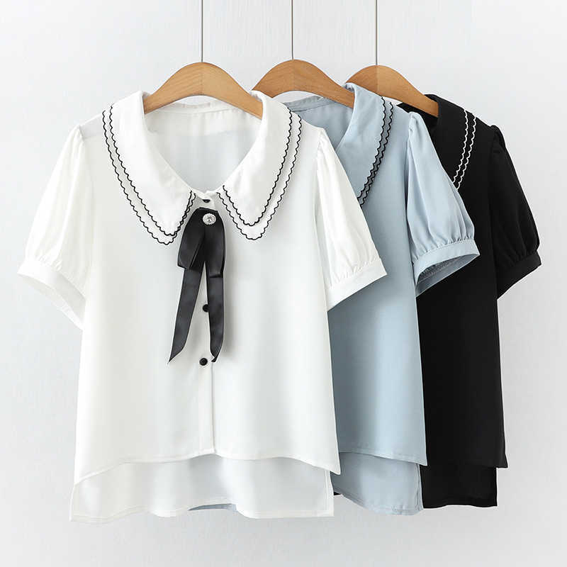 

short Sleeve Women Blouse Summer Office Lady Button Turn Down Collar Shirts for Women Plus Size Ladies Fashion Clothing 210604, White