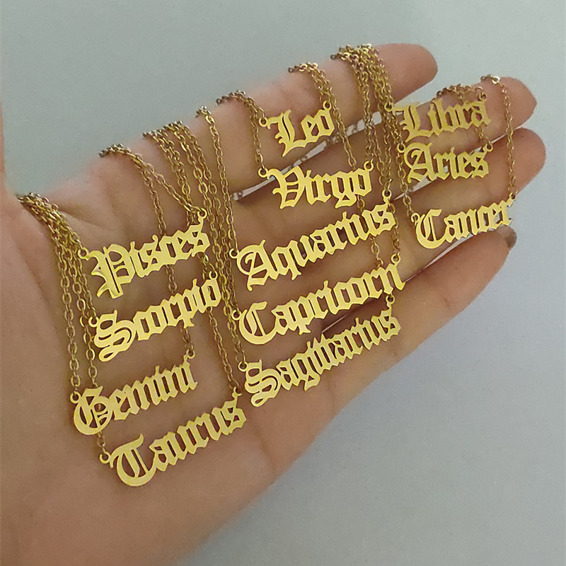 

12 Zodiac Signs Charm Neckalce For Women and Girl Jewelry Stainless Steel Old English Pisces Leo Gemini Constellation Necklace