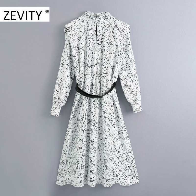 

ZEVITY women vintage stand collar dots print sashes midi dress office lady long sleeve vestido chic business dresses DS4416 210603, As pic ds4416bb