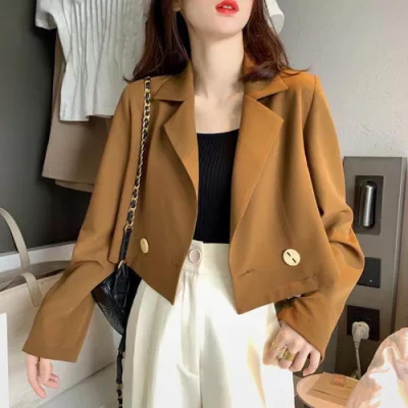 

Women's Suits & Blazers 2021 Women Sweet Breasted Notched Collar Pink Tweed Woolen Short Blazer Coat Vintage Female Outerwear Chic Tops Size, Khaki