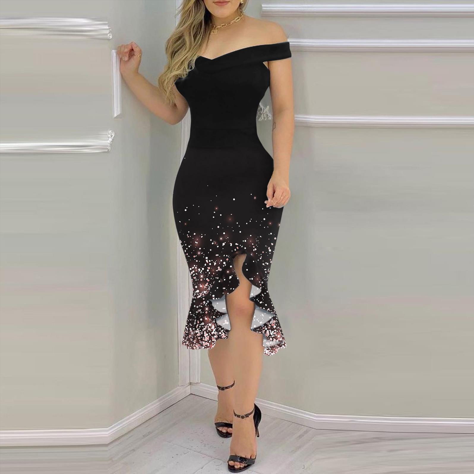

summer fashion floral print plain womens dresses cold shoulder ruffle loose hem slit high waist, Black;gray