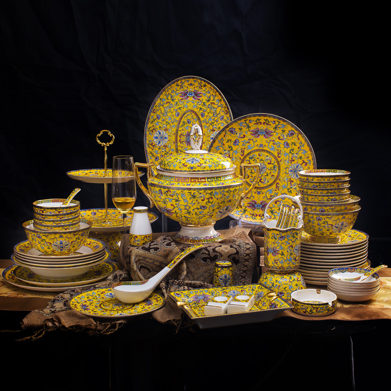 JINGDEZHEN Original Dinnerware Sets Bone China Enamel Gilding Classical Imperial Palace Style 86 Pcs Dinner Plates Dishes Bowls Tableware Set for-image-721008869