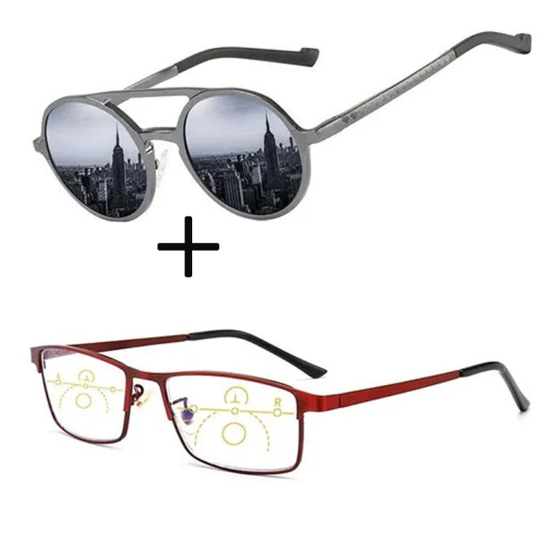 

Sunglasses 2Pcs!!! Red Metal Progressive Multifocal Reading Glasses Far And Near Double Bridge Round For Men Women