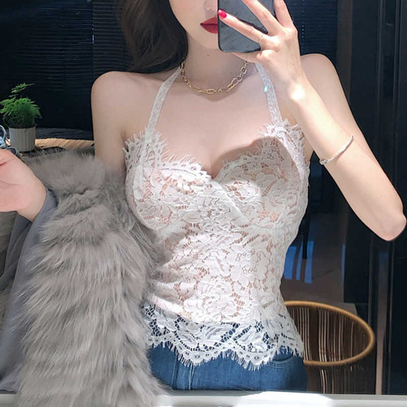 

WOMENGAGA Women's Spring Summer Tops Short Tight White Sexy Lace Sleeveless Suspender Tank Korea Girl Female Z8K8 210603, Black