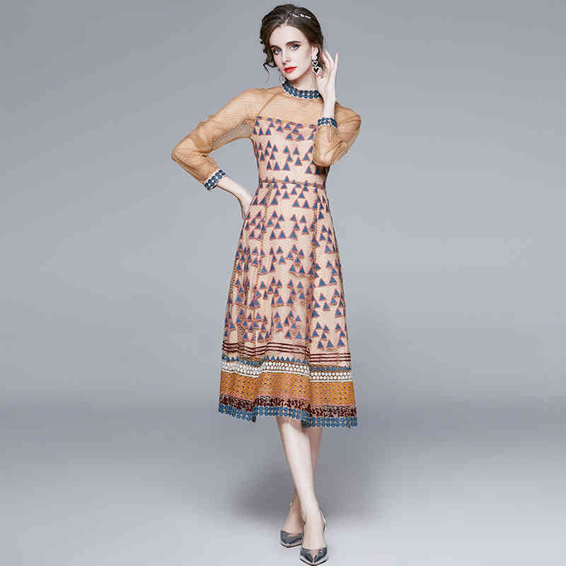

Fashion Designer Women Autumn Luxury Embroidery Mesh Dress Elegant Wedding Party Robe Ladies Vintage Sexy Dresses Vestidos 210525, Picture color