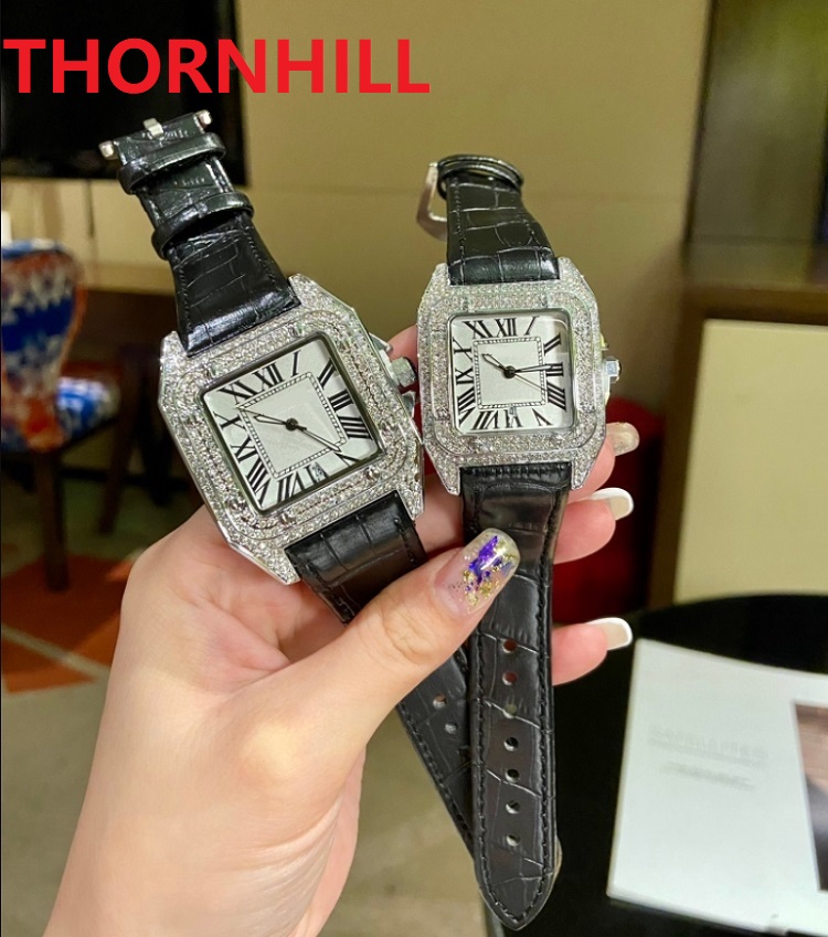 

High Quality Square Roman Mens Womens Diamonds Ring Watches Red Brown Leather Waterproof Luminous Wristwatches montre de luxe gift, As pic