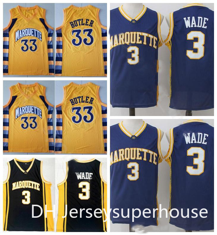 

Men College Marquette Golden Eagles Jerseys Dwyane Wade 3 Basketball 33 Jimmy Butler Team Home Black Blue Yellow Sport Uniform