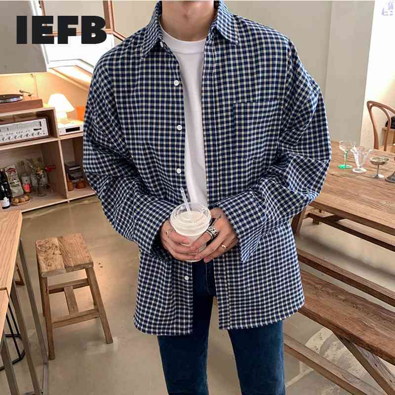 

IEFB Korean Fashion Blue Plaid Long Sleeve Shirt Men's Fashion Ins Casual Vintage Causal Shirts Handsome Man's Clothes 9Y6593 210524