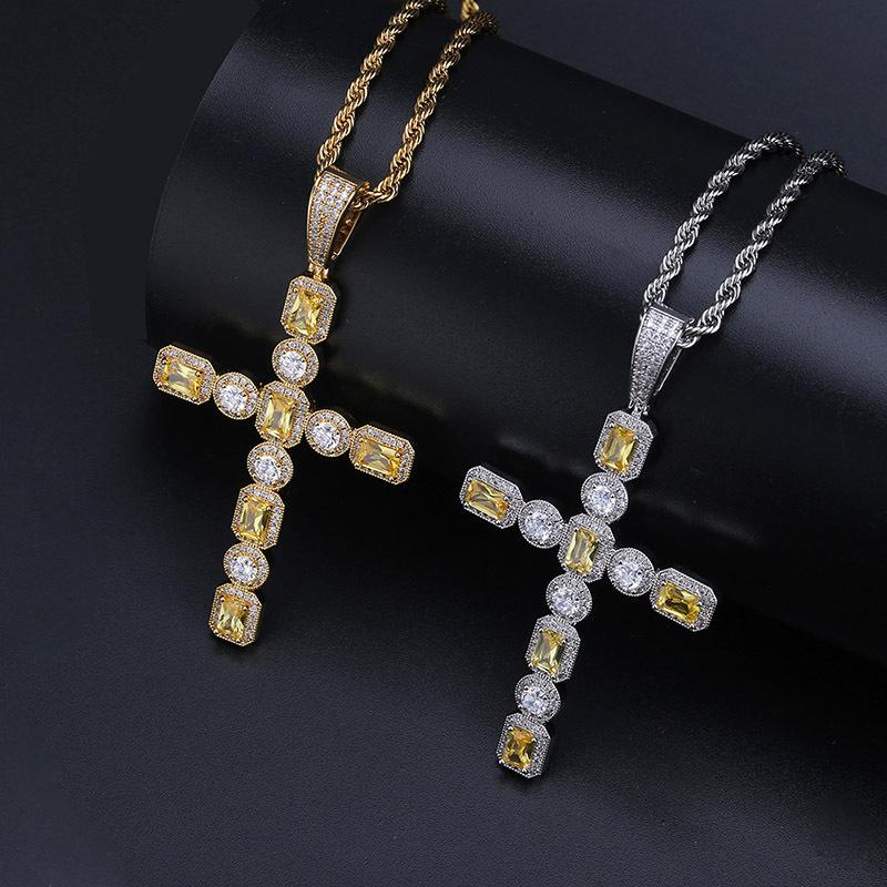 Pendant Necklaces Canary & Clear Princess Cut Solitaire Cross Necklace With Chain Mens Gold Silver Color CZ Chains HipHop Jewelry-image-706606760