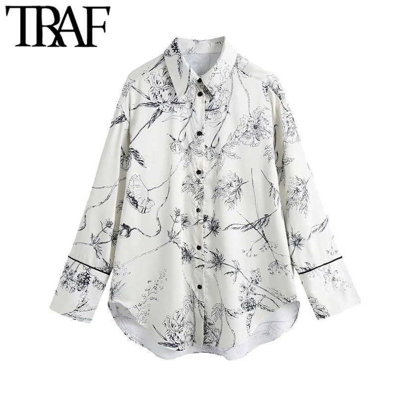 

TRAF Women Fashion Floral Print Loose Asymmetric Blouses Vintage Long Sleeve Button-up Female Shirts Blusas Chic Tops 210708, As picture