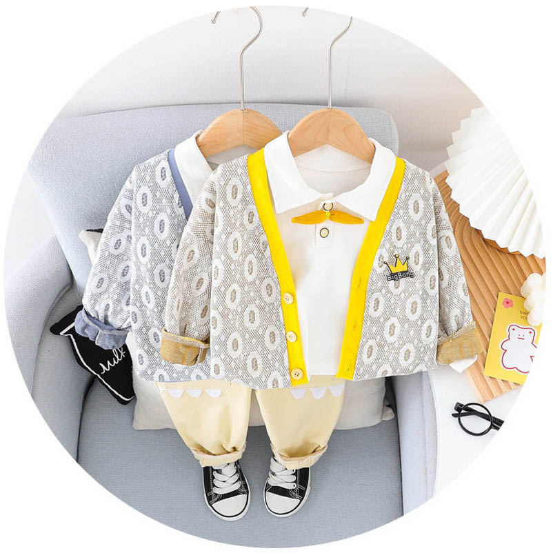 

Baby Clothing Sets Boys Suits Kids Clothes Cotton Spring Autumn Long-Sleeved Cardigan Coat Cartoon Trousers Pants 3Pcs B7800, Beige