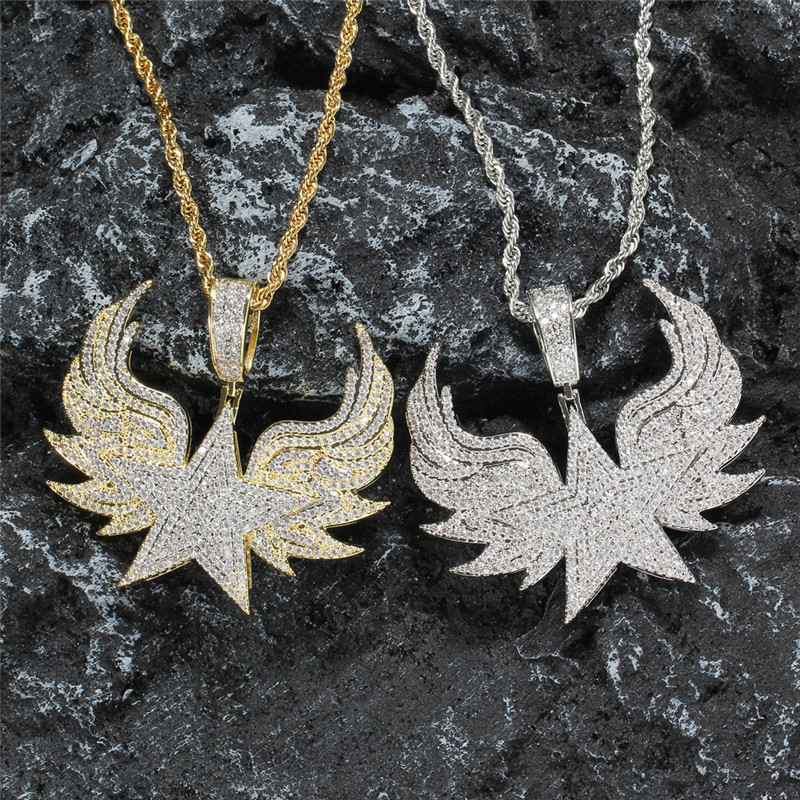 Hip Hop 18K Gold Plated Iced Out Zircon Wing Star Pendant Necklace for Men Rapper Jewelry Gift
