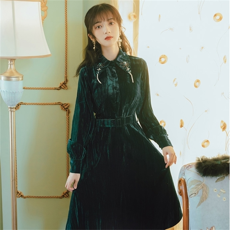 

Vintage Elegant A-line Dress Mid-calf Full Seeve Embroidery Velvet Women Green Female Vestidos Sashes Spring 210603, Blue