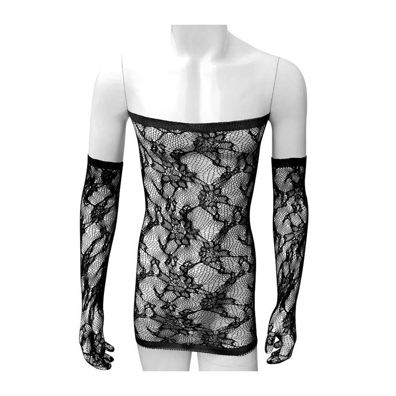 

Bras Sets See Through Mens Bodystocking Sexy Adult Costume Lingerie Slim Fit Mesh Hollow Out Skirts Bodysuit Crossdressers Sleepwear, Black