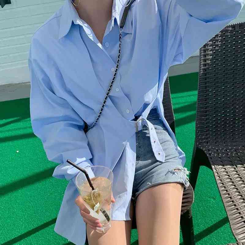 

Spring Korea style Oversize Women Tunic Shirt Turn-Down Collar Full Sleeve Solid Long Ladies Shirts Chic Button Female Tops 210521, Random color