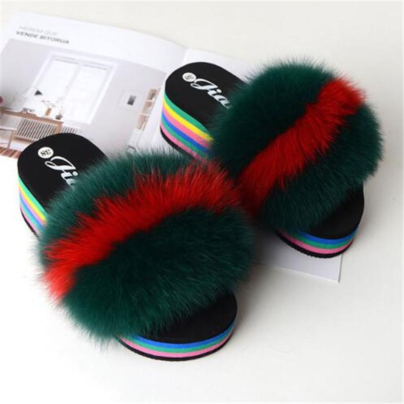 

Slippers Women's Summer Wedge Fur Sandals Fluffy Real Woman Slides Rainbow Plush Flip Flops Female Furry Mules Shoes, Black