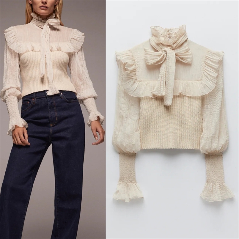 

Top Women Contrast Organ Patchwork Cropped Knitted Sweater Woman Fashion High Neck Bow Tied Long Sleeve Ruffle Blouse 210519, Beige
