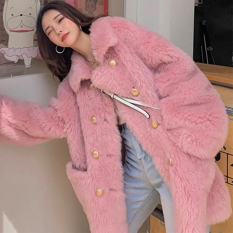 

Women's Fur & Faux Women Sheepskin Wool Coat Ladies Winter Single Breasted Genuine Outwear Jacket Oversize Warm Luxury Overcoat, Black