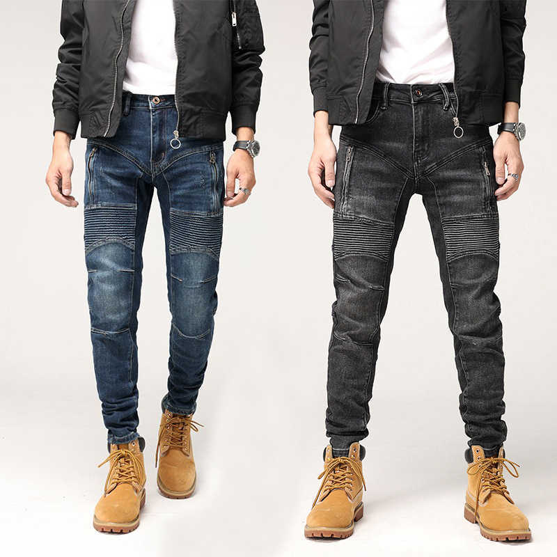 

Street Style Fashion Men Jeans Retro Blue Elastic Slim Fit Zipper Spliced Designer Biker Hip Hop Denim Punk Pants