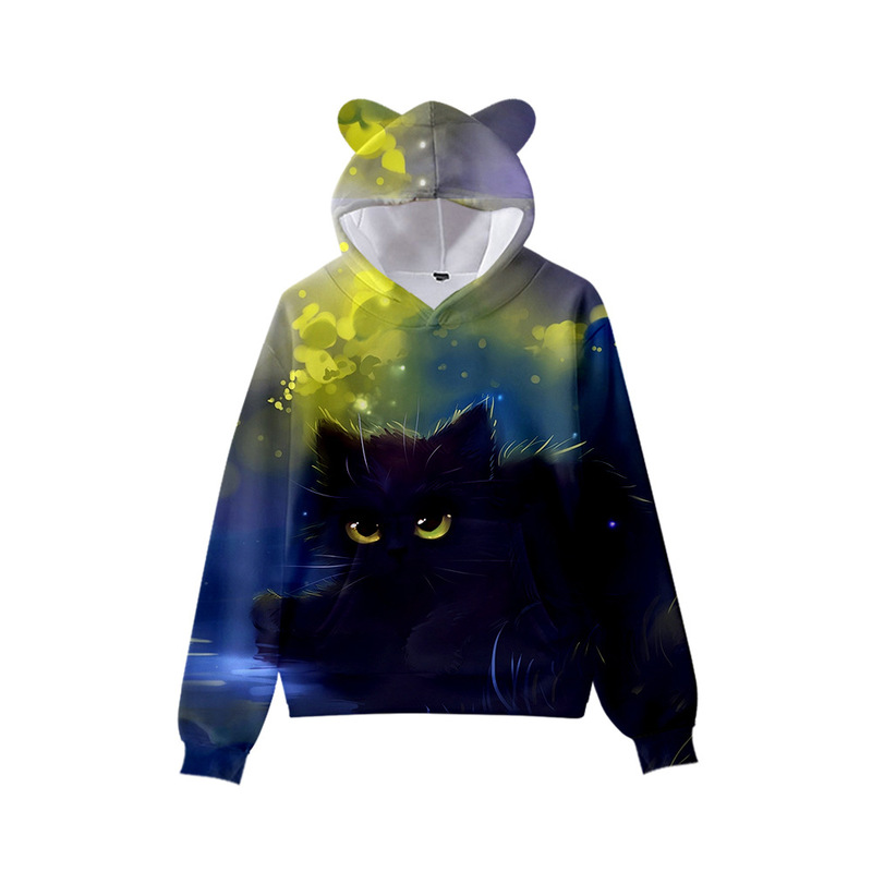 

Little black cat pattern cute boy girl clothes hooded 3D printing hooded sweater top autumn early winter ears hooded pullover