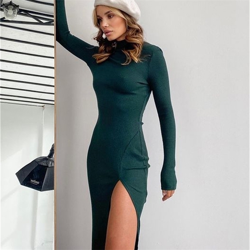 

Forefair Autumn Winter Knitted Long Sleeve O Neck Women Midi Dress Casual Party Club Split Sexy Fashion Women's Dresses 211109, Green