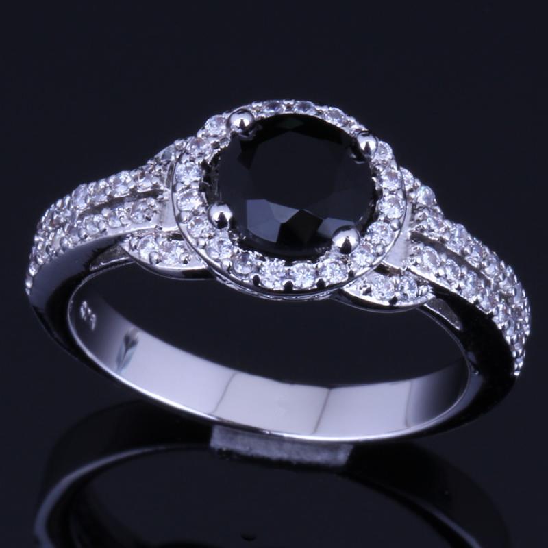 

Cluster Rings Amazing Round Black Cubic Zirconia White CZ Silver Plated Ring V0100