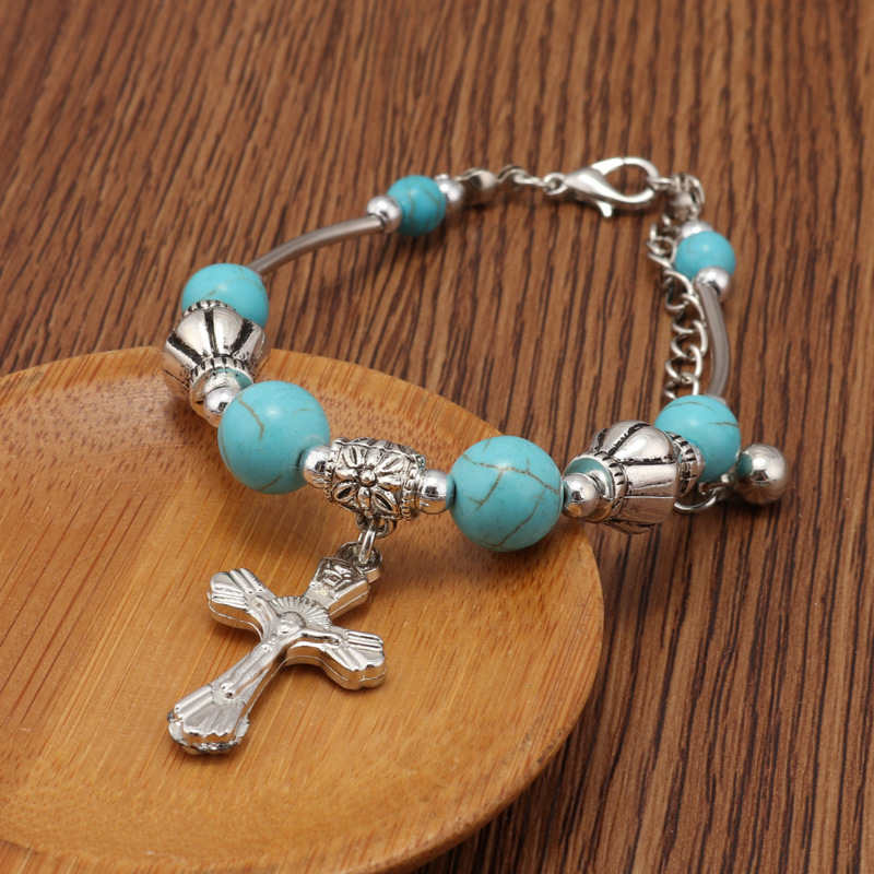 

unisex Carved cross Tibetan silver turquoise Charm Bracelets DYMTQB018 fashion gift national style women men's DIY bracelet