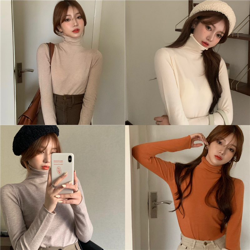 

7 colors autumn korean style women knit slim tops turtleneck solid color long Sleeve t-shirt Womens Tees shirt femme (R99450), White