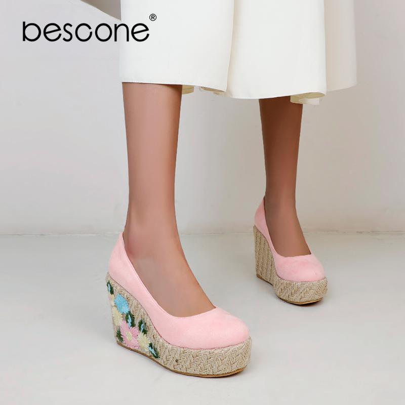 

Bescone Pumps Woman Super High Wedge Heel Straw Embroider Shallow Flock Round Toe Lady Dress Shoes BM814, Black