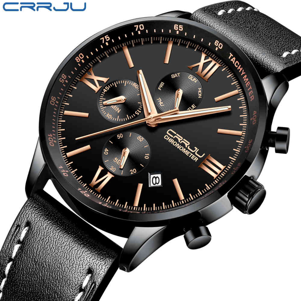 

CRRJU Men's Chronograph Leather Wristwatches Military Sports waterproof Clock Male Business Casual Fashion Dress Quartz Watches 210517, Brown gold