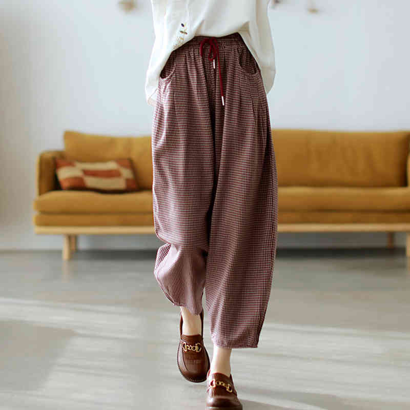 

Johnature Loose Ankle-length Pants Plaid Casual Elastic Waist Harem Pants Summer Clothes Trousers Women Pants 210521, Light brown